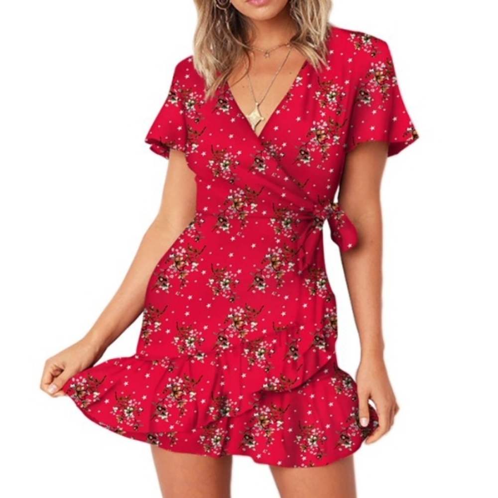 RED SUMMER WRAPAROUND DRESS